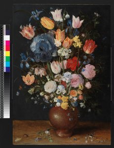 En stentøjsvase med blomster, ca. 1607-8